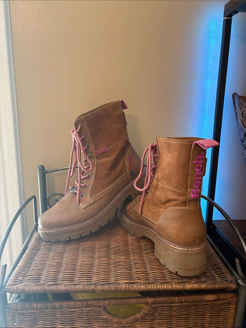Bench Women's Brown Suede Platform Lace-Up Boots with Pink Trim